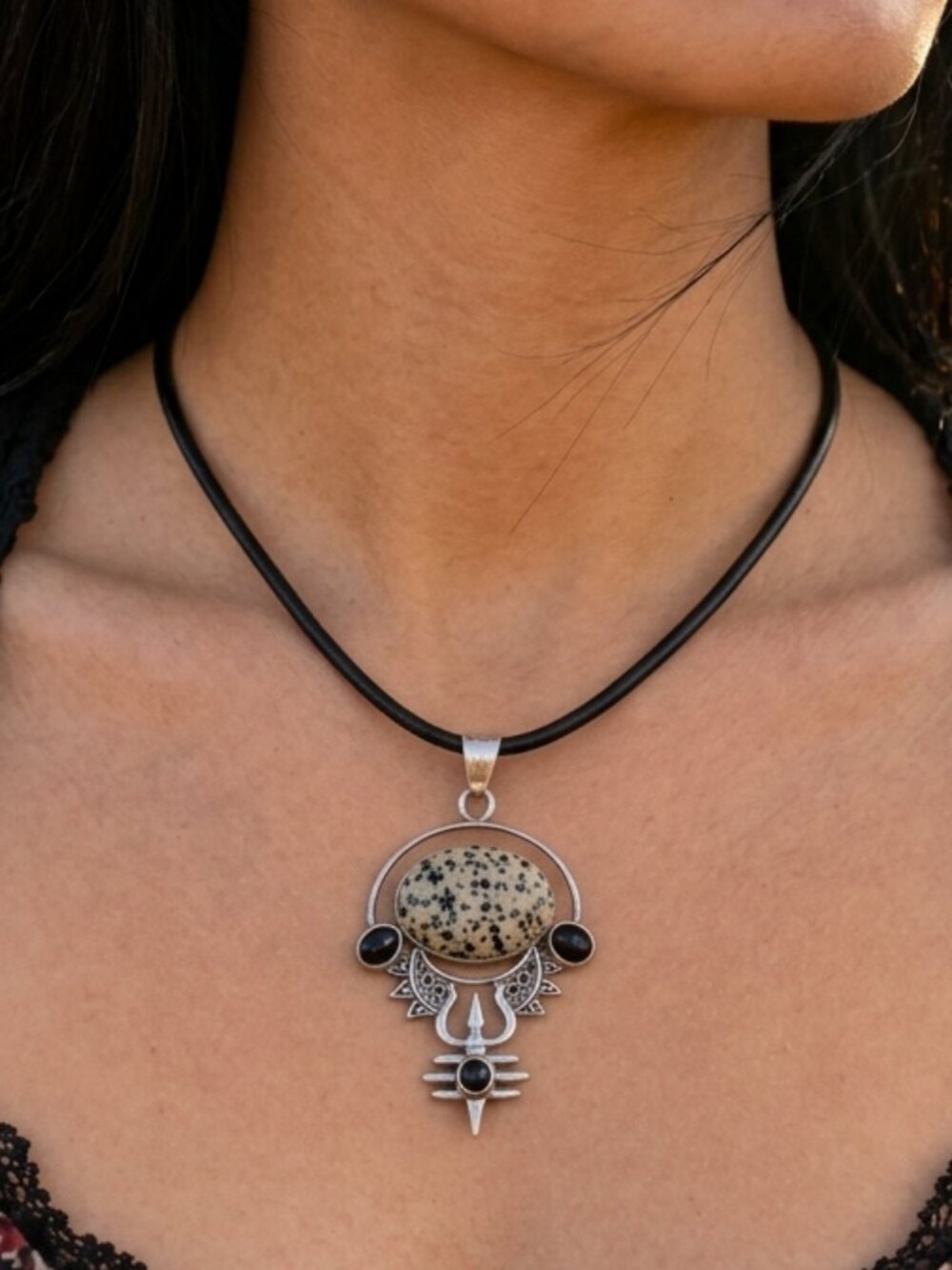 925 Silver Dalmatian Jasper Onyx Bohol Statement Pendant Leather Necklace 18"